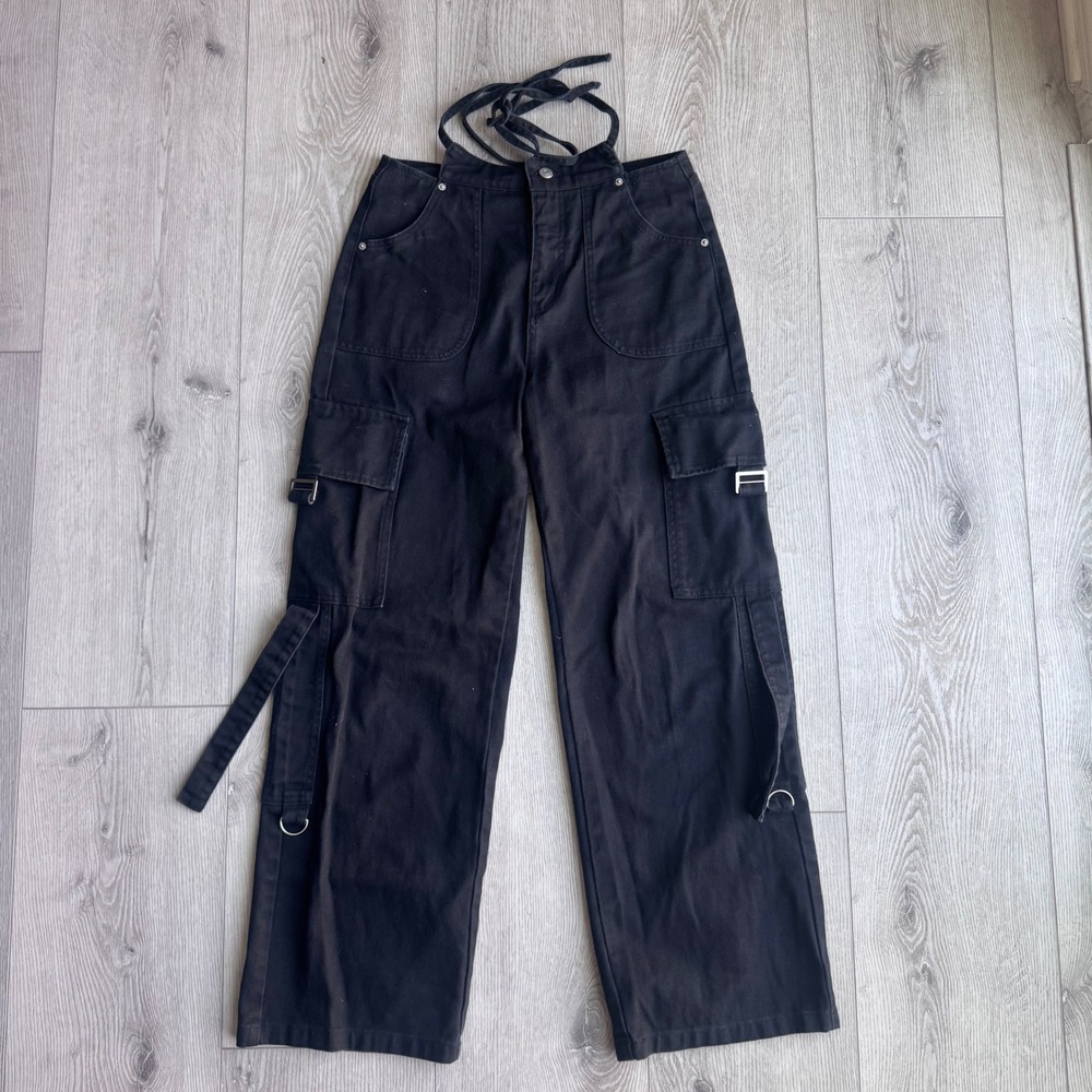 CHUU Womens L Black Cargo Pants Wide Leg Utility Strap D Ring Korean Streetwear